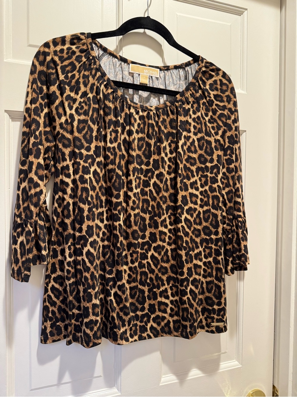 Michael Kors Leopard-Print Scoop Neck Blouse in Brown and Black